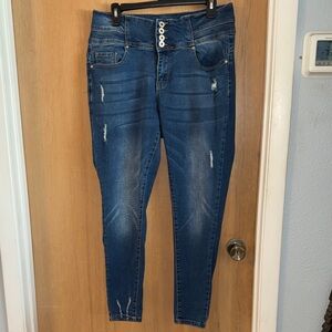 Blue Savvy Distressed Women's Jeans High Waist Button Fly Stretchy Size 14